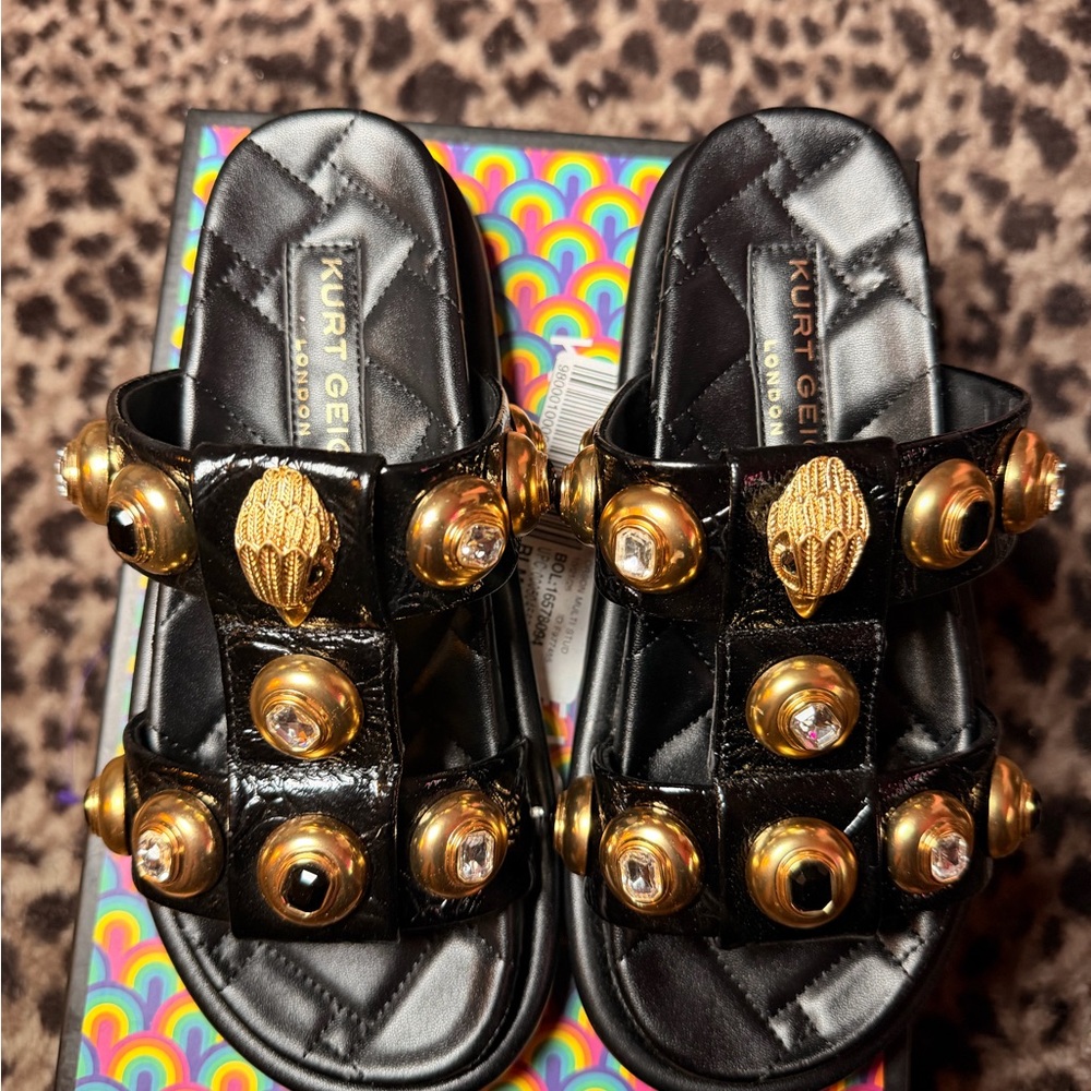 Kurt Geiger Black Sandals with Gold Accents Croc Style Sandals